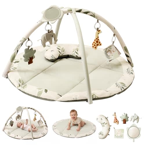 Fortella Baby Play Gym & Activity Mat, Machine Washable & Foldable Tummy Time Mat with 5 Detachable Toys, Certified Safe Newborn Essentials Gift for Baby Registry 0-12 Months (Sage Green)