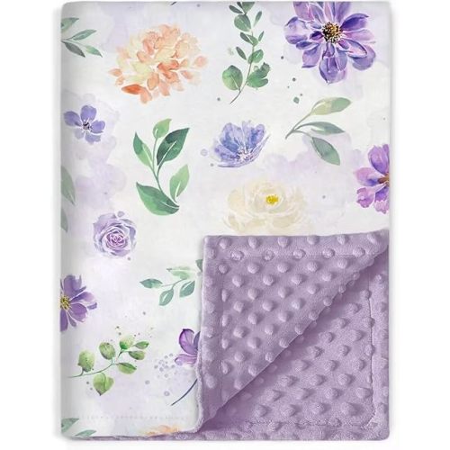 BORITAR Baby Blanket Super Soft Double Layer Minky with Dotted Backing for Girls, Receiving Blanket with Elegant Purple Floral Printed Blanket 30 x 40 Inch(75x100cm)