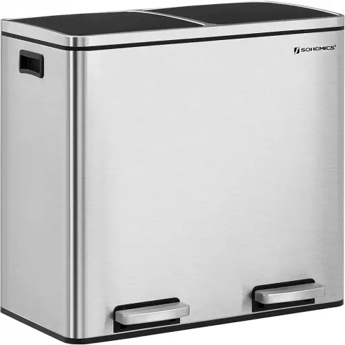 SONGMICS Trash Can, 2 x 6.3-Gallon (2 x 24L) Dual Garbage Can, Pedal Recycle Bin with Lids and Inner Buckets for Small Kitchens, Stainless Steel, Soft Closure, Airtight, Silver ULTB48NL