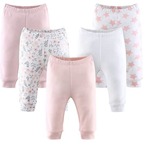 The Peanutshell Baby Girl Pants Set | 5 Pack in Newborn to 24 Month Sizes | Floral, Pink, White, Stars
