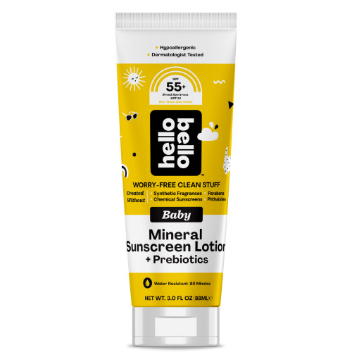 Hello Bello Baby Mineral SPF 55+ Sunscreen Lotion with Prebiotics for Infants, 3.0 fl oz
