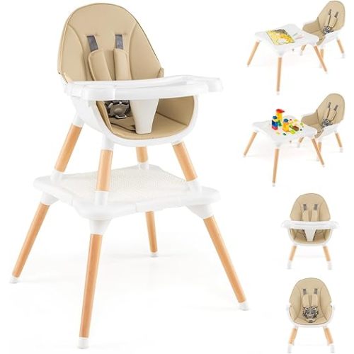 HONEY JOY Baby High Chair, 6-in-1 Convertible Wooden Highchair for Babies and Toddlers/Table Set/Toddler Chair with Safety Harness, 4-Position Removable Feeding Tray (Khaki)
