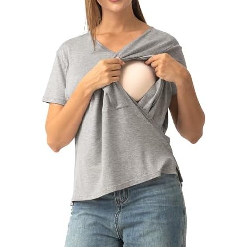SUNNYBUY Women's Nursing Tops Breastfeeding Cover Short Sleeves Maternity Tee Shirts Double Layer Postpartum Clothes