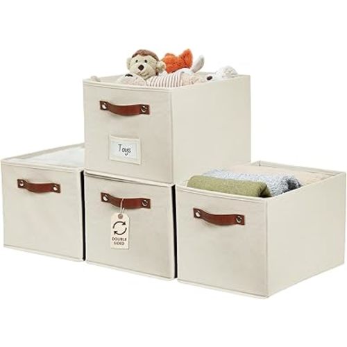 DECOMOMO Storage Baskets for Shelves - Large 15"x11"x10" Foldable Fabric Storage Bins, Baskets for Organizing with Labels (Beige, 4pcs)
