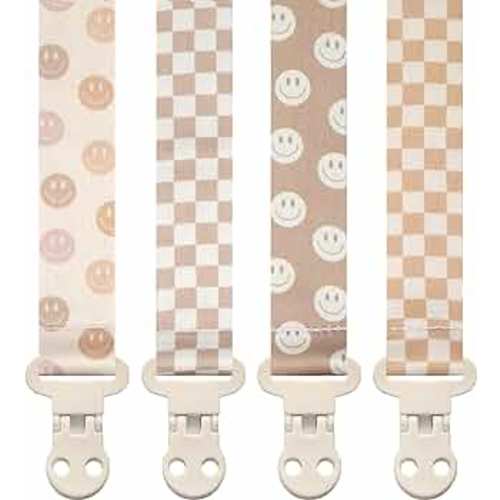 Baby Pacifier Clip Holder - Girl or Boy Unisex 4 Pack Gift Set - Retro Checker and Smiley Faces Design (Good Vibes)