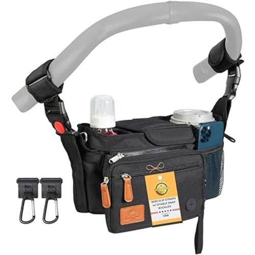 Universal Stroller Organizer Bag w/ Anti-Slip Straps to fit Nuna, UPPAbaby, Doona, Baby Jogger, & pet strollers | Durable Stroller Caddy Organizer Bag Stroller Oganizer with Cup Holder & ample storage