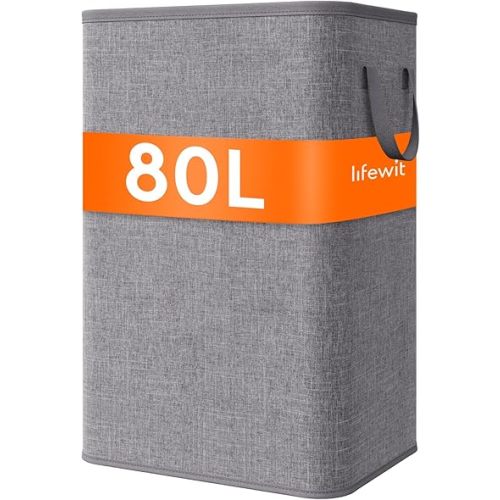 Lifewit 80L Large Tall Laundry Hamper, Collapsible Laundry Basket with Handles, Foldable Clothes Hampers for Laundry, Portable Dirty Clothes Hamper for Dorm College Bedroom Bathroom, Light Gray