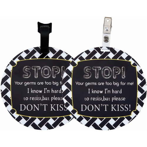 2Pack No Touching Baby Car Seat Sign Stop Kissing Baby Stroller Tag with Hanging Straps and Clip No Touch Baby Safety Sign for Baby Girl Boy