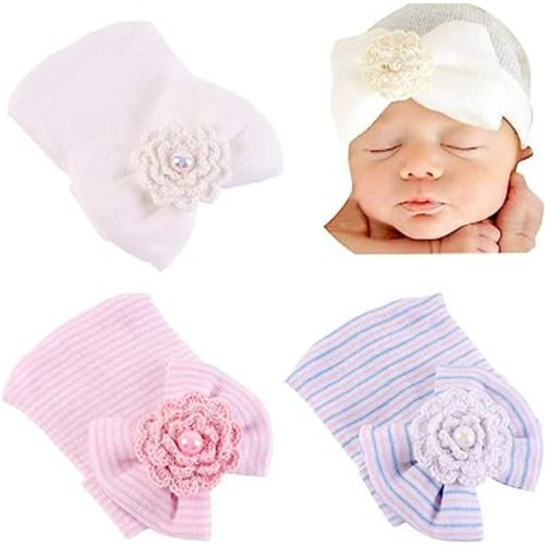 Preemie Newborn Hospital Hat Soft Cotton Baby Girls Head Wrap with Big Bow Cap Nursery Beanie, A-3 Pack (0-3months), Baby