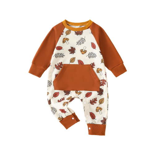 Suealasg Baby Boys Girls Jumpsuit Long Sleeve Crew Neck Leaves Print Romper Infant Boys Girls Fall Clothes 0-18 Months