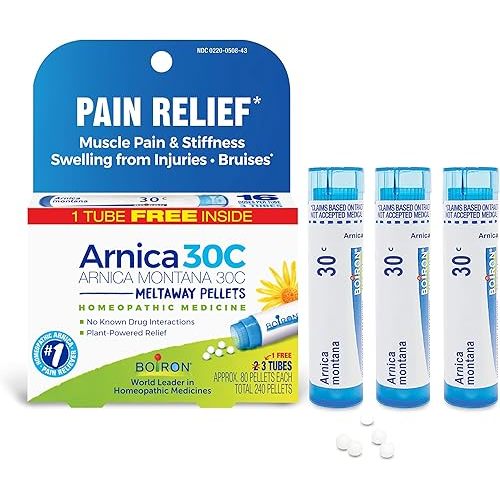 Boiron Arnica Montana 30C Homeopathic Medicine for Relief from Muscle Pain, Muscle Stiffness, Swelling from Injury, and Discoloration from Bruises - 3 Count (240 Pellets)