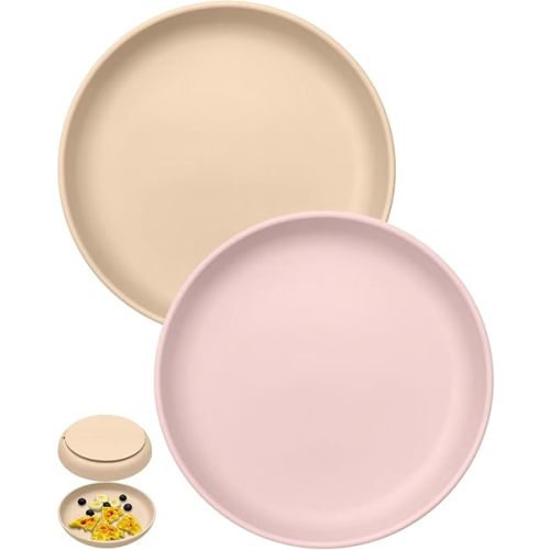 Toddler Plates with Suction 2 Pcs, BPA Free Silicone Suction Plates for Baby Toddler Kids, Baby Dinner Dishes Stick & Stay, Microwave & Dishwasher Safe