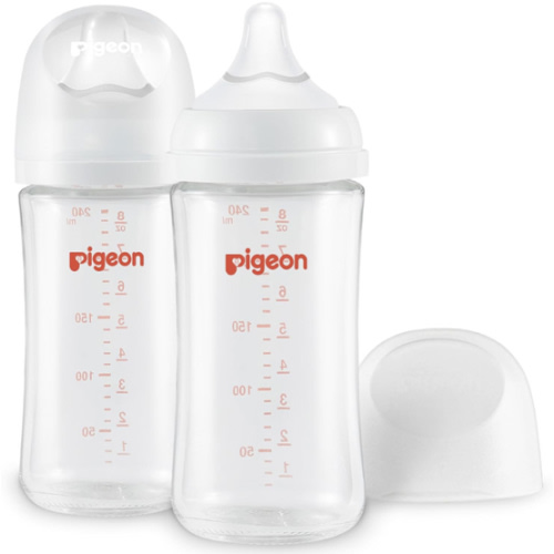 Pigeon Glass Nursing Bottle Wide Neck, Anti-Colic, Streamlined Body, Natural Feel, Easy to Clean, Heat-Resistant, 8.1 Oz(Pack of 2), Includes 2pcs M Nipples (3m+)