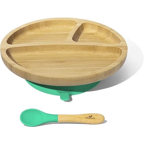 Avanchy Toddler Baby Plates Divided Bamboo, Suction for Babies Kids Toddler Food with Silicone Spoon for Feeding, Green