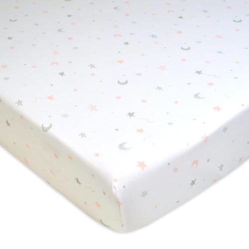 American Baby Company 100% Natural Cotton Fitted Crib Sheet 52" x 28" - Soft, Breathable, Hypoallergenic & Gentle Toddler Bed Sheet, Pink Stars and Moons, Neutral for Boys & Girls