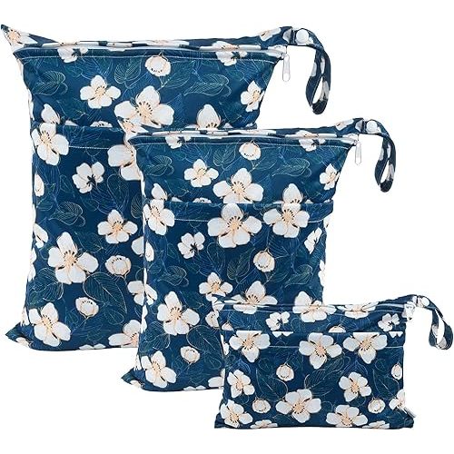 babygoal Wet Dry Bags for Baby Cloth Diapers, Washable Travel Bags, Beach, Pool, Gym Bag for Swimsuits & Wet Clothes with Two Zippered Pockets 3 Pack(S,M,L), 3SML02