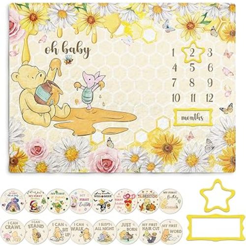 Winnie Baby Milestone Blanket, Honey Themed Baby 12 Months Milestone Blanket, Winnie Photo Calendar Monthly Growth Chart, with Double-Sided Printed Cardstock(16 Unforgettable Moments of Babies)