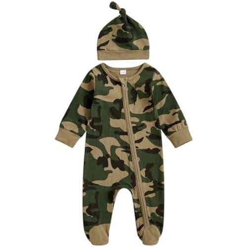Newborn Baby Boy Clothes Long Sleeve Crewneck Camouflage Footies Camo Romper Zipper Bodysuit Fall Winter Outfit