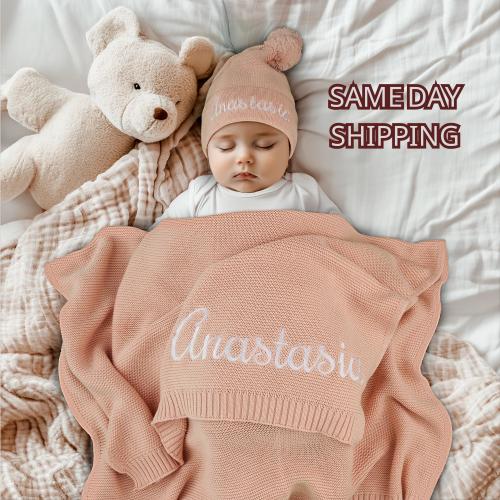 Organic Baby Blanket, Personalized Baby Blanket, Newborn Gift, Cotton Knit Name Blanket, Custom Blanket, Baby Shower Gift for Baby Girl Boy