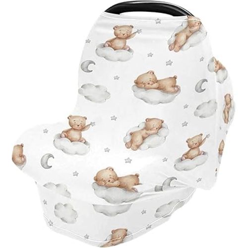 Car Seat Covers for Babies Breathable Breastfeeding Cover Stretchy & Soft Shopping Cart Cover Shower Gifts Seamless Pattern Teddy Bears on Clouds
