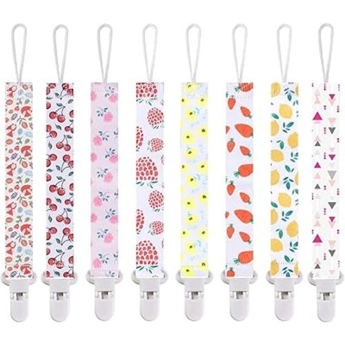 Smlpuame Pacifier Clip for Baby Boys Girl,8 Pack Stylish Binky Clips Strap,Paci Holder with Clips Universal Lightweight Fits Most Pacifiers Teeher Toy Teething Ring Soothie,Baby Gifts(Fruit & Flower)