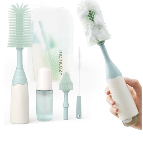 Momcozy Bottle Brush Kit, Innovative Push-Press Design for Better Cleaning - Baby Bottle Cleaner Brush for Baby Bottle, Breast Pumps, Nipples, and More - Can Generate Foam for Better Cleaning, Green