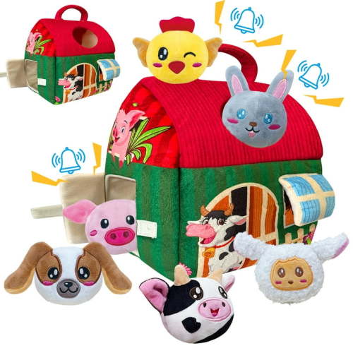 Baby Toys 6-12 Months, Soft Barn Farm with Stuffed Animals, Baby Montessori Sensory Toys, Plush Farm Animals for Toddlers 1-3, Plush Play Set with Barn