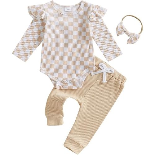 Hnyenmcko Newborn Baby Girl Fall Outfits Rib Frill Long Sleeve Ruffled Romper Solid Pants Headband Set 3Pcs Winter Clothes