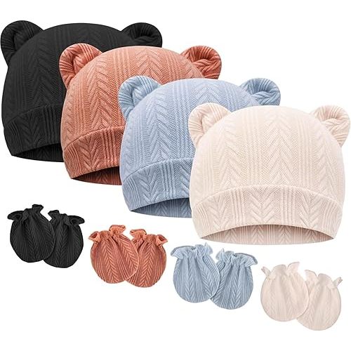 BQUBO Newborn Baby Hats Bear Ears and Mittens Sets Preemie Caps Baby Boy Girl Infant Hospital Beanie for 0-3 Months