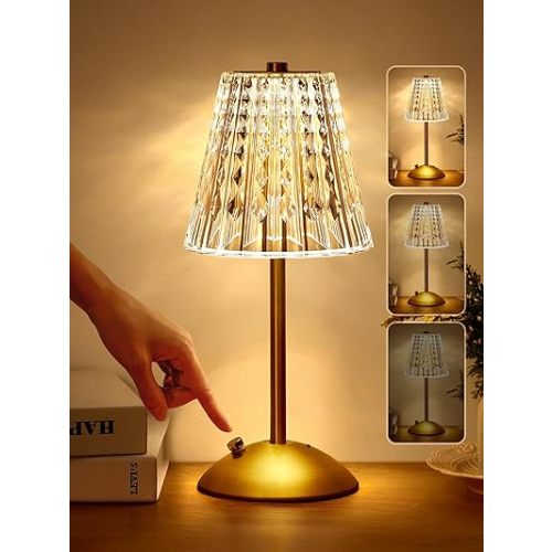 Cordless Lamp, 2000mAh Rechargeable Lamp, Dimmable+3 Colors Touch Lamp Small lamp, Battery Operated Lamp Cordless Table Lamp, Crystal Lamp&Vintage Lamp, Mini Lamp for Bedroom Bathroom Bar Kitchen Lamp