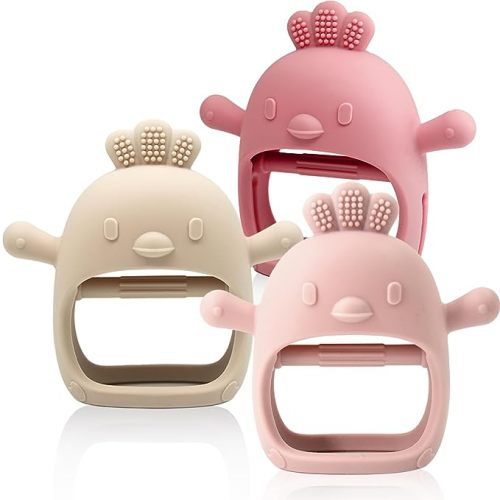 3 Packs Baby Teething Toy Silicone Teething Mitten for Babies Over 3 Months Anti Dropping Wrist Hand Teethers Baby Chew Toys for Sucking Needs, BPA Free (Pink, Caramel & Coral Red)