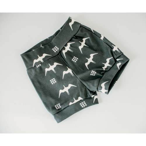 Organic Baby Shorts with Iwa Birds Print on Dark Gray | Gender Neutral Diaper Cover or Toddler Shorts | Handmade in Maui, Hawaii