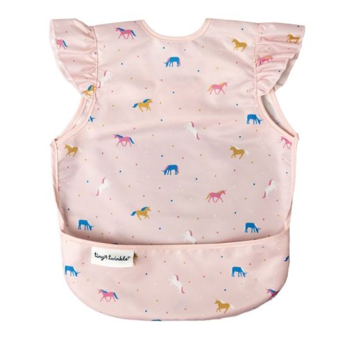 Tiny Twinkle Mess-Proof and Waterproof Baby Bib/Apron with Ruffled Shoulder, Machine Washable and BPA-Free (Unicorn Confetti, Small 6-24 Months)
