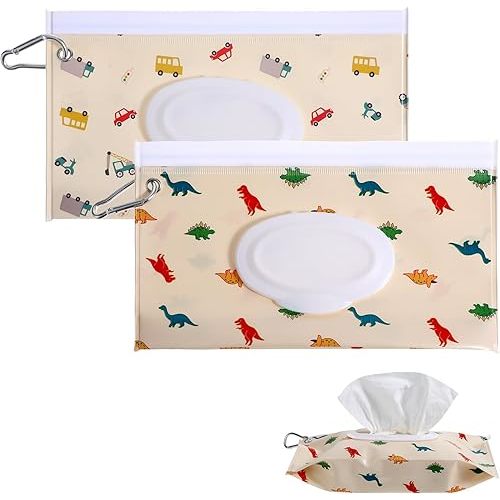 Yolev 2Pcs Travel Wipes Case 24x13.5cm Portable Wipes Dispenser with Carabiner Sealing Strip Closure Reusable Wipes Pouch for Daily and Travel Wipes(Little Car, Little Dinosaur)