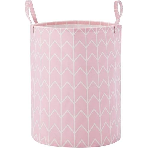 TECHMILLY Large Storage Basket for Girls and Boys, Collapsible Laundry Hamper with Long Handles, Toy Bins for Nursery, Kids Room Décor Pink Geometry