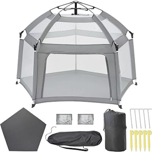 Baby Playpen with Self-Inflating Play Mat & Canopy & Travel Bag, Portable Playpen for Babies and Toddlers, Pop Up Play Tent for Home, Park, Beach, and Camping - Foldable Baby Playpen (Grey)