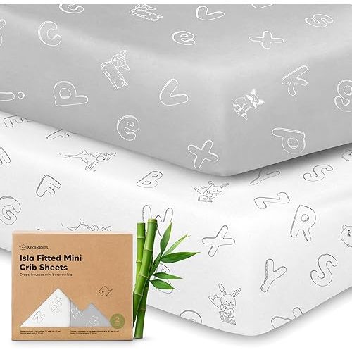 Pack and Play Sheets Fitted - 2-Pack Mini Crib Sheets for Pack N Play Mattress 38x26, Soft & Cozy, Neutral Toddler Playard Bedding, Snug Fitted Mini Baby Crib Mattress Cover Boy, Girl (Bunnies)