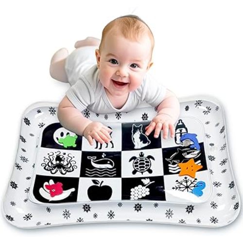 Infant Tummy Time Water Mat – Black and White High Contrast Play Mat for Newborn & Baby Sensory Development, Core Strength & Visual Stimulation – Premium Montessori Toys for Babies 1-9 Months