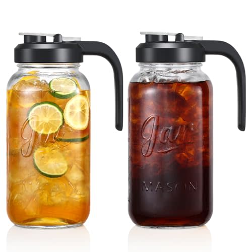 Set of 2, Glass Pitcher with Lid - 2 Quart Mason Jar Pitcher with Filter Lid, Wide Mouth Jar Leak-proof Water Jug, Heavy Duty Container for Water, Juice, Milk, Tea, Iced Coffee, and Drinks