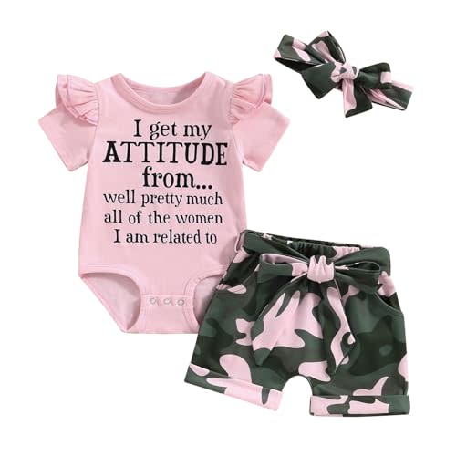 Fernvia Baby Girl Clothes Infant Summer Outfits 3 6 12 18 Months Short Sleeve Ruffles Letters Romper & Camouflage Shorts Set