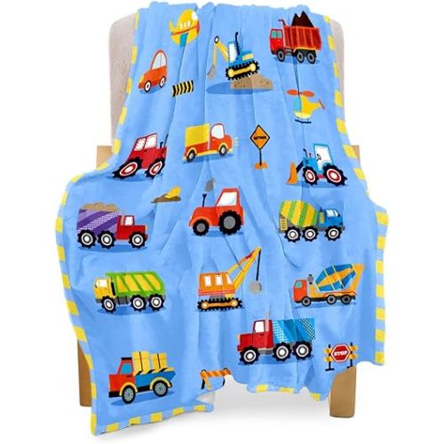 BOOPBEEP Construction Toddler Blanket for Boys Girls Lightweight Baby Kids Blanket Cute Soft Small Truck Car Blankets Comfy Fleece Flannel Plush Blue Throw Blankets Gifts 40x50