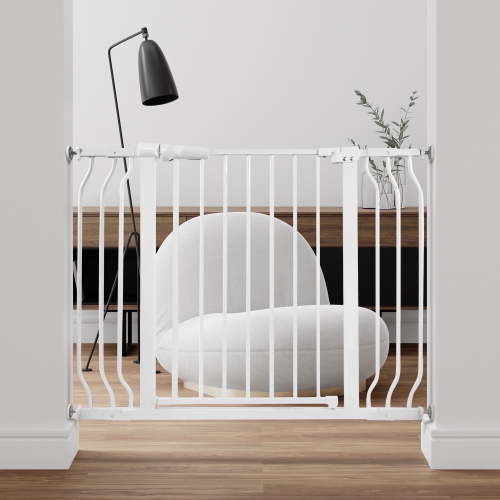 EDX Baby Gate, 29.1 - 43.3"Wide, 30" Tall Walk Through Dog Gates, Easy Step Walk Through Expandable Dual Lock Metal Gates for The House, Pressure Mounted Easy Install Pet Gate, White