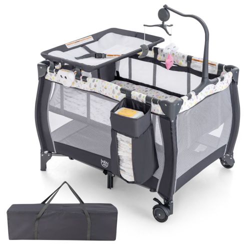 Infans Portable Baby Playard Nursery Center Crib Bassinet W/ Hanging Toys & Music Box