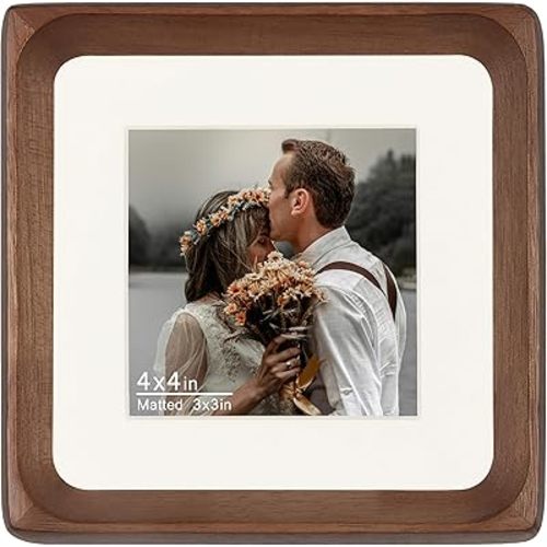 Square 4x4 Picture Frame, Display Photos 3x3 with Mat or 4x4 without Mat, Made of Solid Natural Walnut Wood with Real Glass Vertical Horizontal Standing for Desk Tabletop Wall Hanging Gallery
