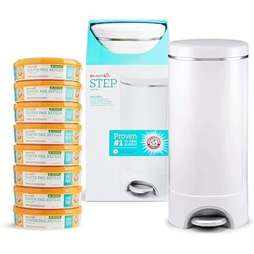 Munchkin® Step™ Diaper Pail Powered by Arm & Hammer, #1 in Odor Control, Award-Winning, Includes 1 Snap, Seal & Toss™ Bag, 8 Refill Rings, 1 Starter Refill Ring, and 1 Puck™ Baking Soda Cartridge