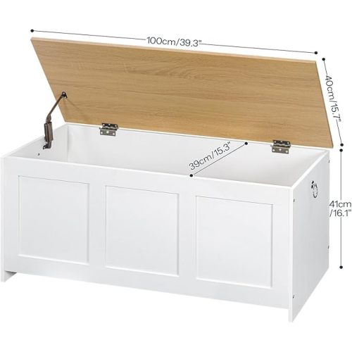 HOOBRO Storage Bench, 39.3" Retro Wooden Storage Chest, Wooden Storage Trunk, Toy Chest with Lift Top, Multifunctional Entryway Organizer, for Entryway, Living Room, White and Natural WN141CW01