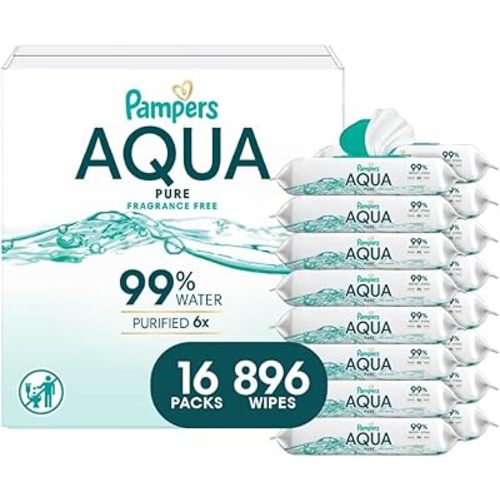 Pampers Aqua Pure Baby Wipes, 99% Water, Fragrance Free, 896 Baby Wipes Total (16X Flip-Top Packs) [Packaging May Vary]