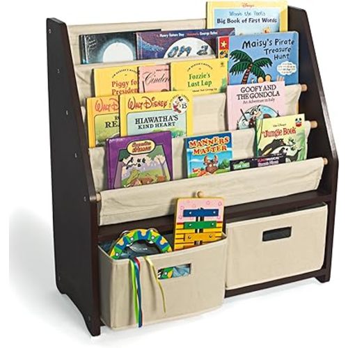 WONKAWOO Kids Sling Bookshelf Wooden Rack, 4 Levels of Canvas Slings for Large Children Books and 2 Storage Bin Boxes for Toys Organizer, Espresso Shelf with Natural Fabric Slings
