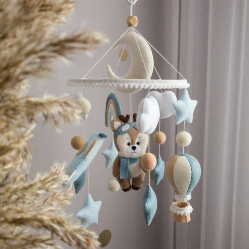 Blue baby boy mobile Flying deer Airplane Rainbow Mobile Felt baby mobile Boy nursery decor Hanging crib mobile Newborn baby shower gift