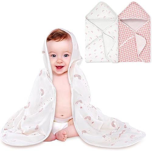 Baby Towels 2 Pack,Hooded Baby Towels Set,Baby Infant Bath Towels with Hood,Soft and Absorbent Nursery Towel,Large 28x28Inch,Newborn Essential(Rainbow & Pink Stripes)